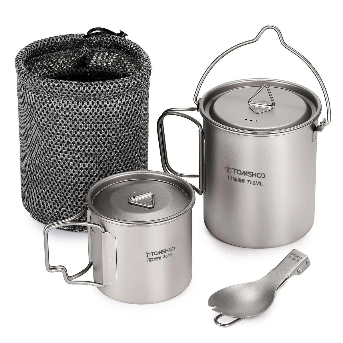 3-Piece Titanium Cookware Set with 750ml Pot, 450ml Cup, Folding Spork-750ml Pot