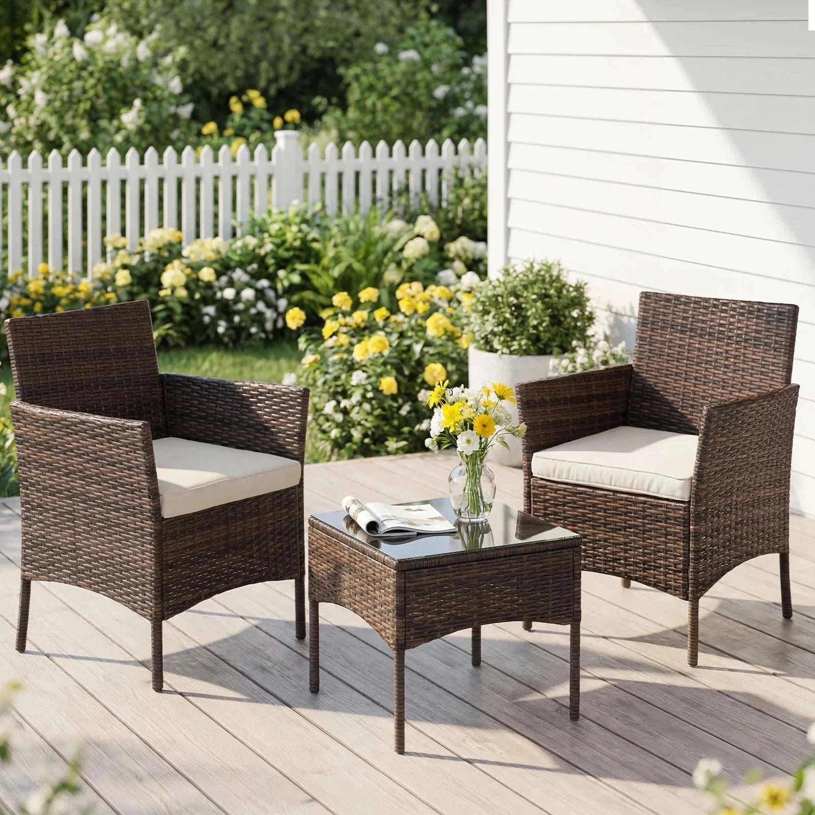 3-Piece Wicker Patio Furniture Set with Cushions and Table-Brown / United States