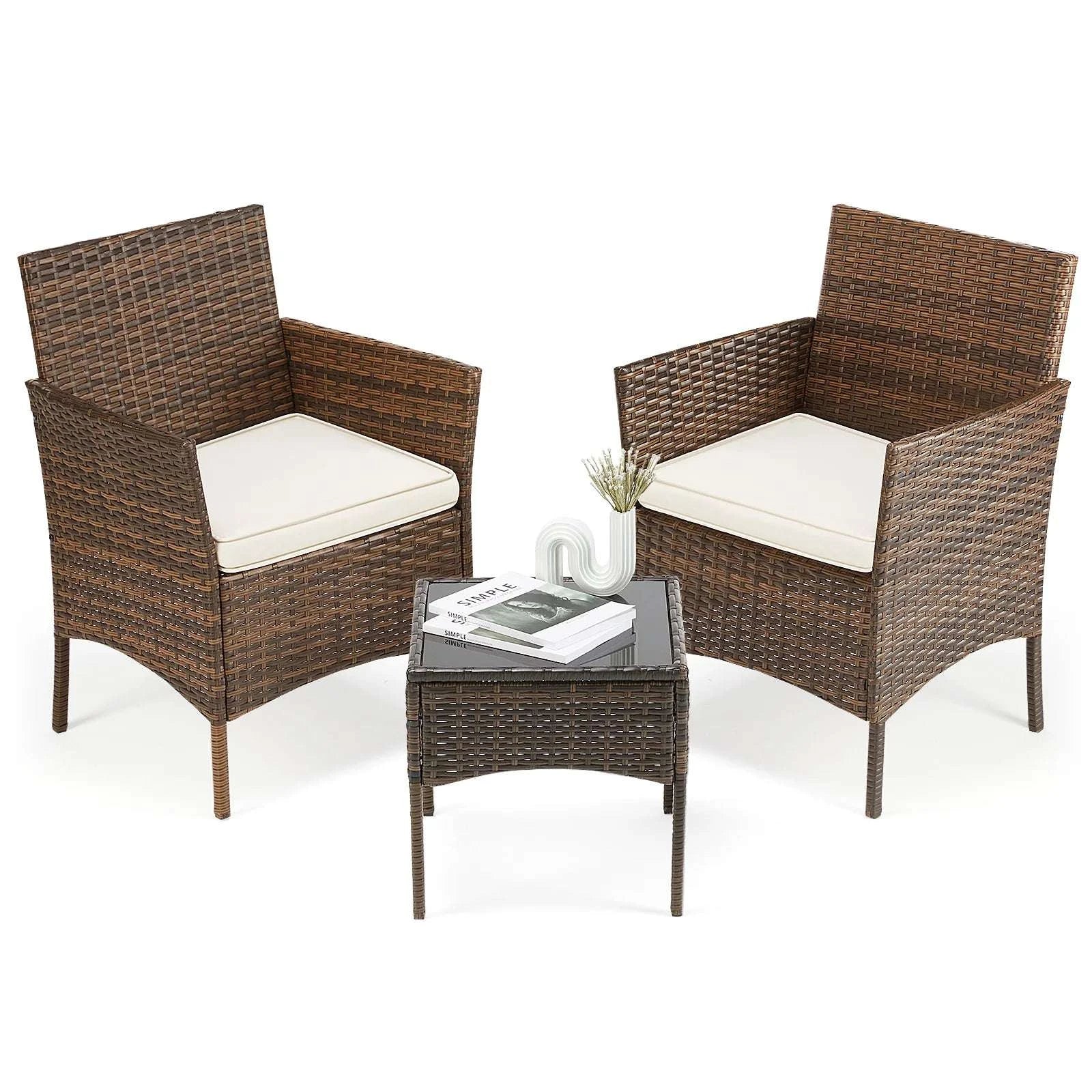 3-Piece Wicker Patio Furniture Set with Cushions and Table-Brown / United States