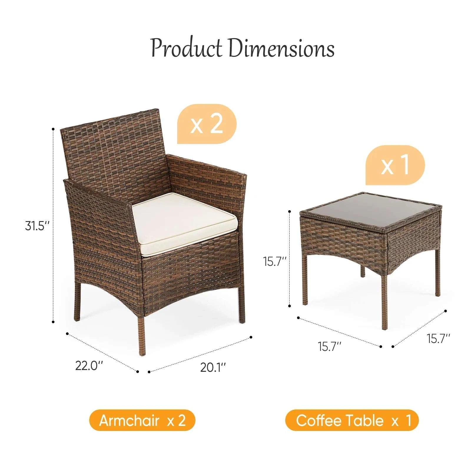3-Piece Wicker Patio Furniture Set with Cushions and Table-Brown / United States