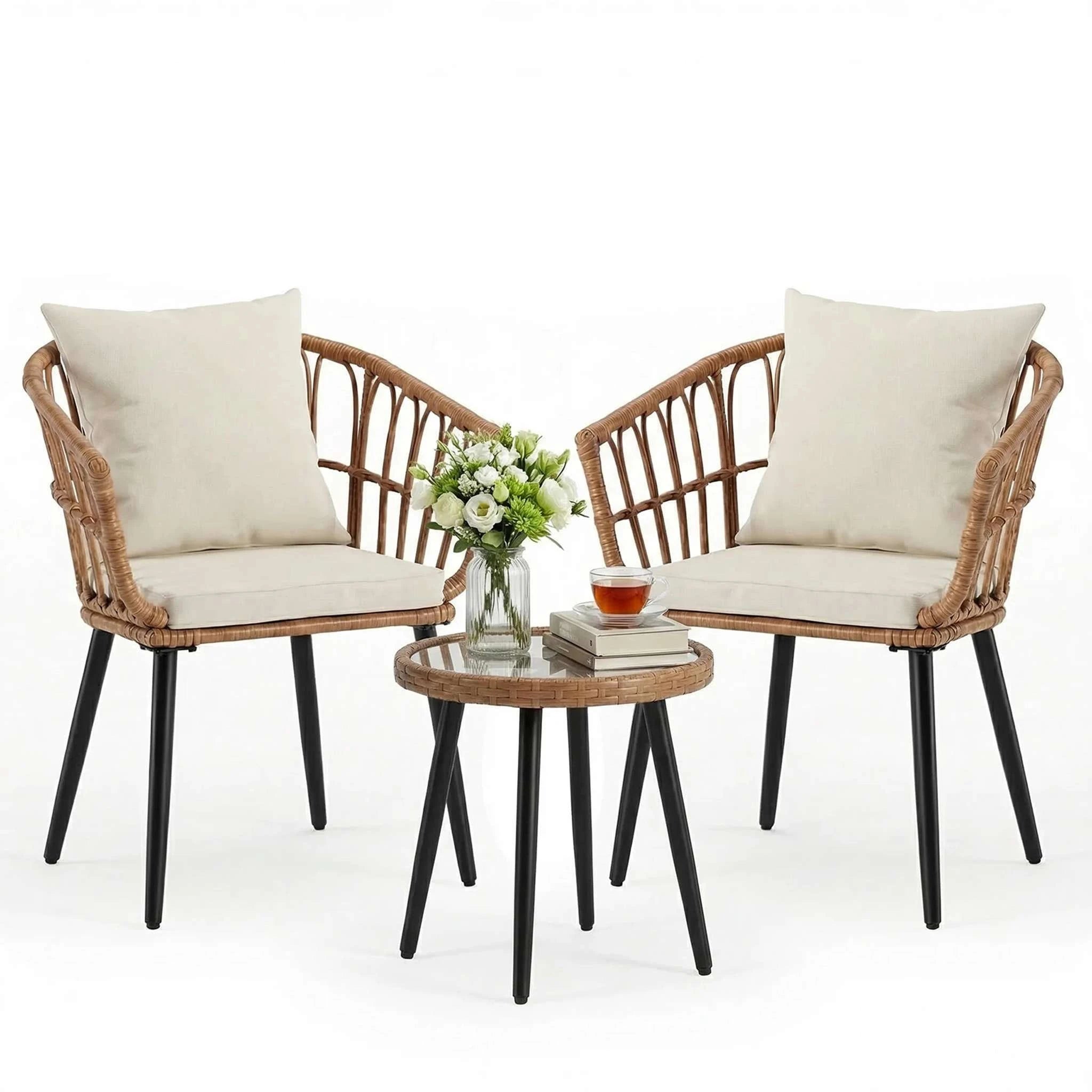 3-Piece Wicker Patio Set with Cushions and Glass Table-Gray Blue / United States