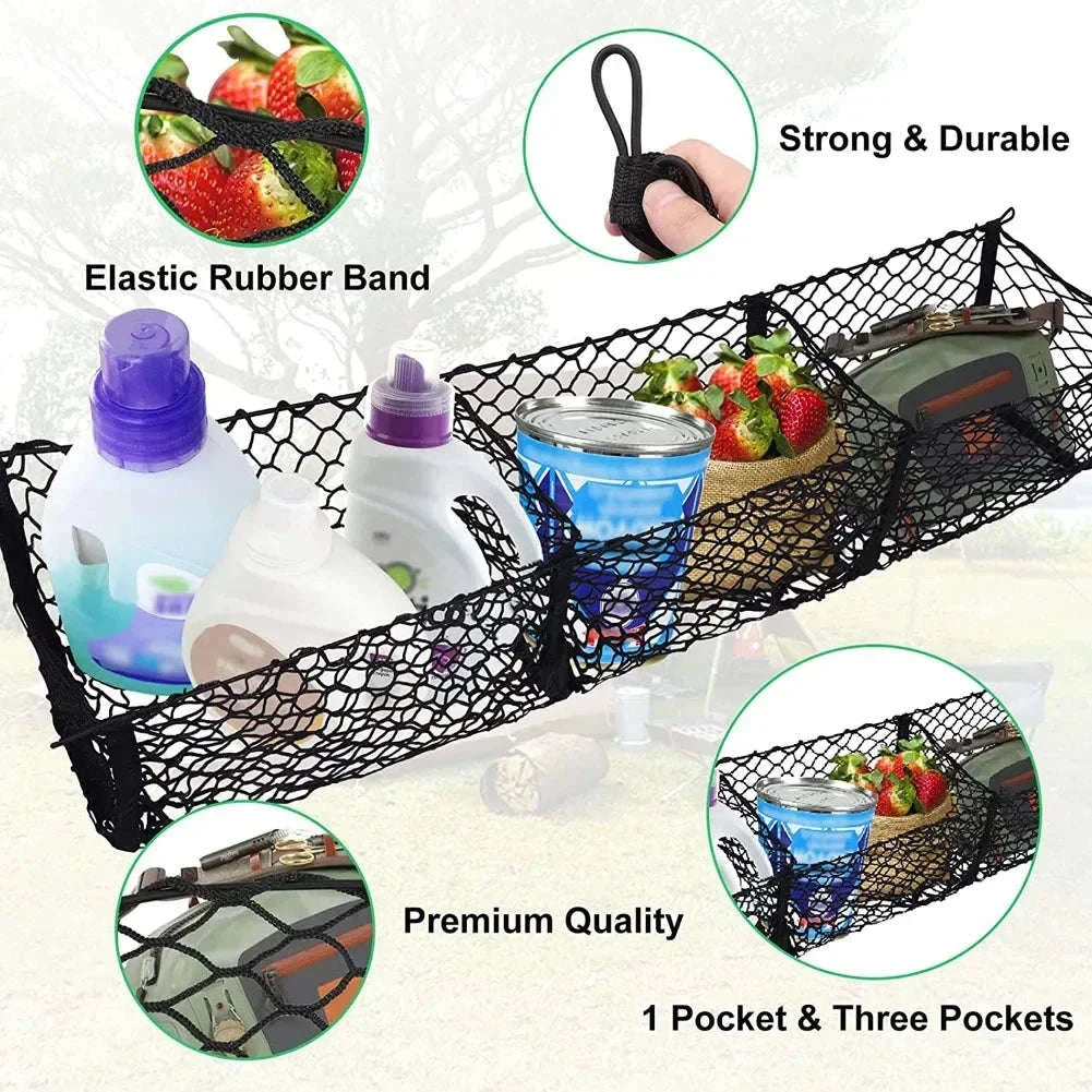 3-Pocket Stretch Cargo Net Trunk Storage Organizer with Mount Kit-Default Title