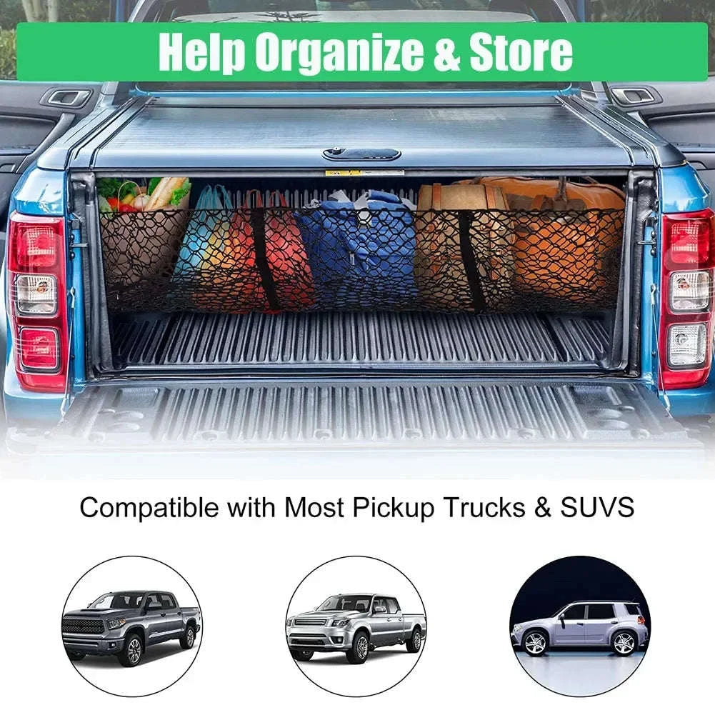 3-Pocket Stretch Cargo Net Trunk Storage Organizer with Mount Kit-Default Title