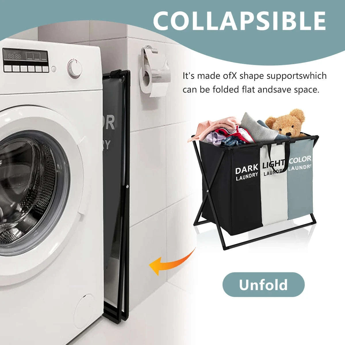 3-Section Laundry Basket with Divider Foldable Hamper Organizer-1pcs / United States