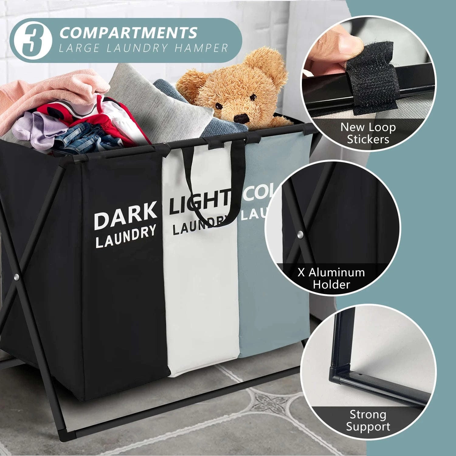 3-Section Laundry Basket with Divider Foldable Hamper Organizer-1pcs / United States