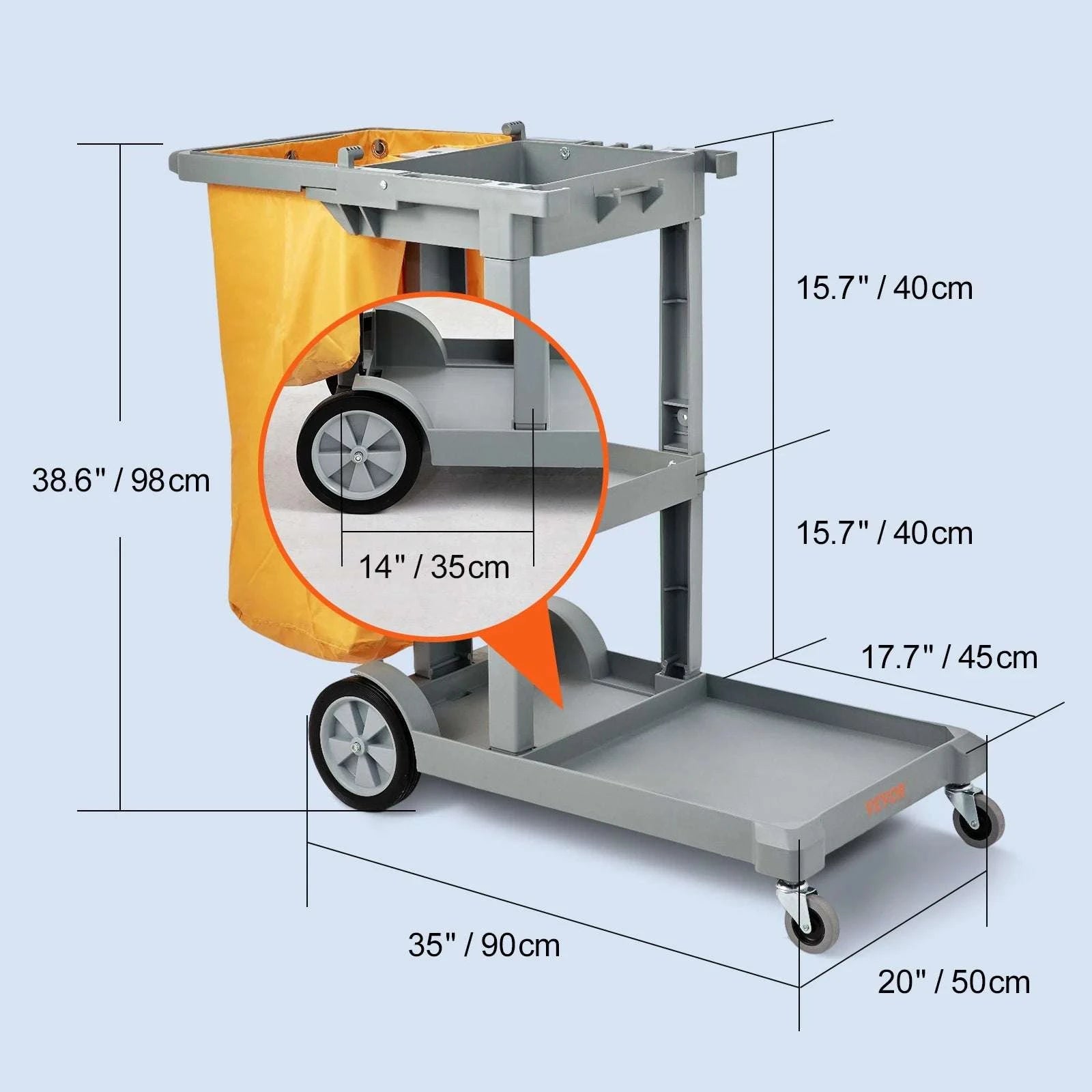 3-Shelf Commercial Cleaning Cart with 25 Gallon Bag, 200 lbs Capacity-Black with Cover / United States