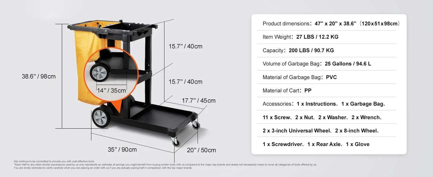 3-Shelf Commercial Cleaning Cart with 25 Gallon Bag, 200 lbs Capacity-Black with Cover / United States