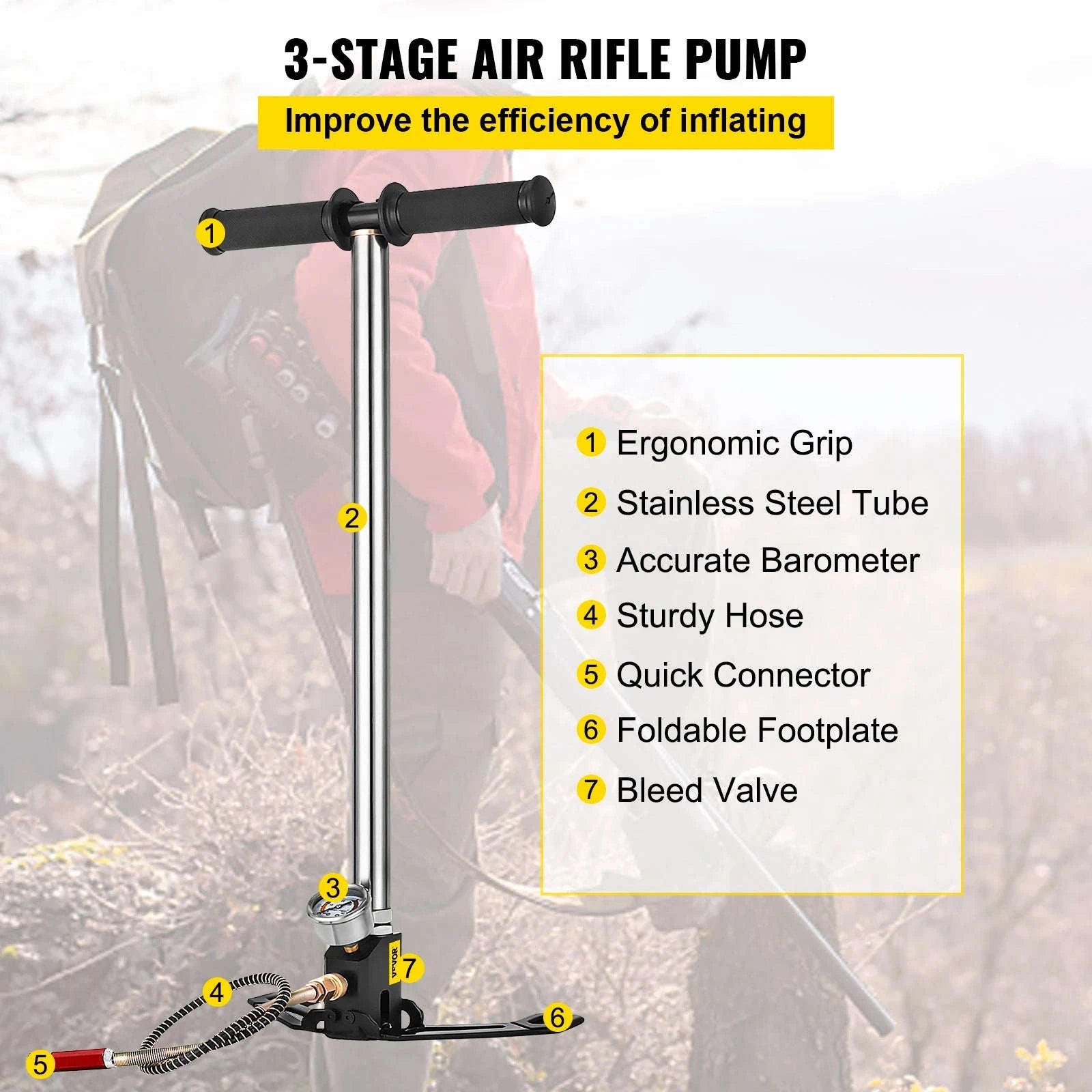3-Stage PCP Hand Pump with Pressure Gauge 4500 PSI-4500 PSI Black / Poland