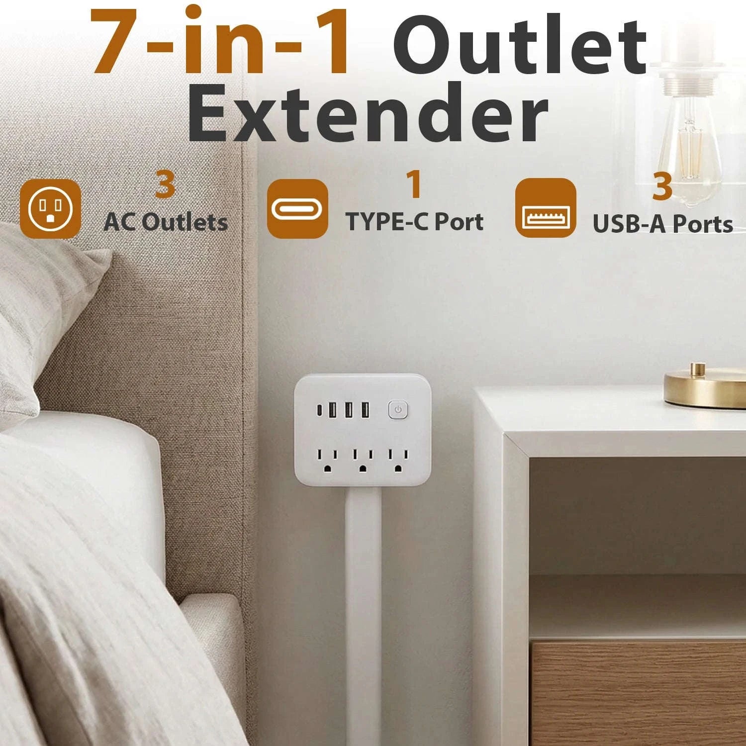 3 Style Retractable Sockets in Various Shapes US Plug Power Strip with AC Outlets USB Port(USB-A/C),Adjustable Electrical Outlet Extender Stick,Multi Socket Wall Socket Universal for Hard-to-Reach Wall Outlets Behind Couch,Be-WHITE / Round /