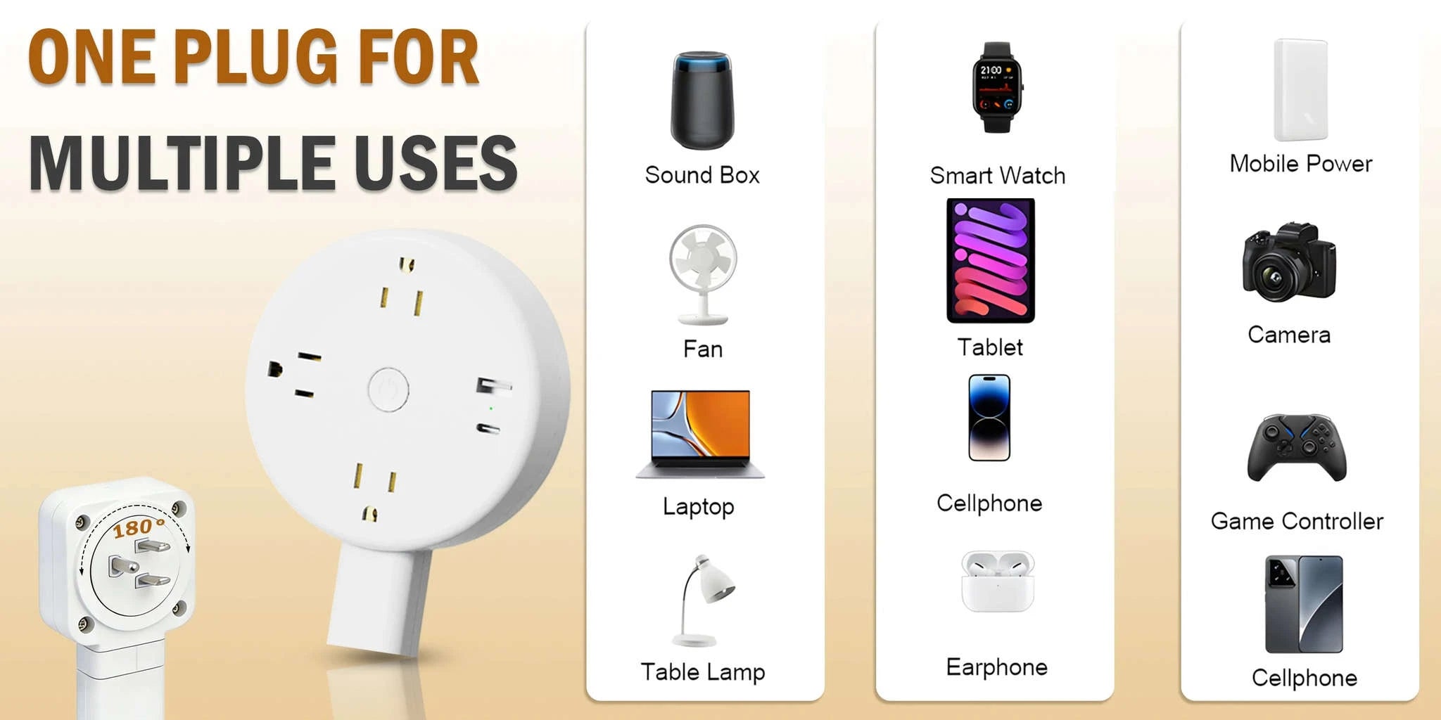 3 Style Retractable Sockets in Various Shapes US Plug Power Strip with AC Outlets USB Port(USB-A/C),Adjustable Electrical Outlet Extender Stick,Multi Socket Wall Socket Universal for Hard-to-Reach Wall Outlets Behind Couch,Be-WHITE / Round /