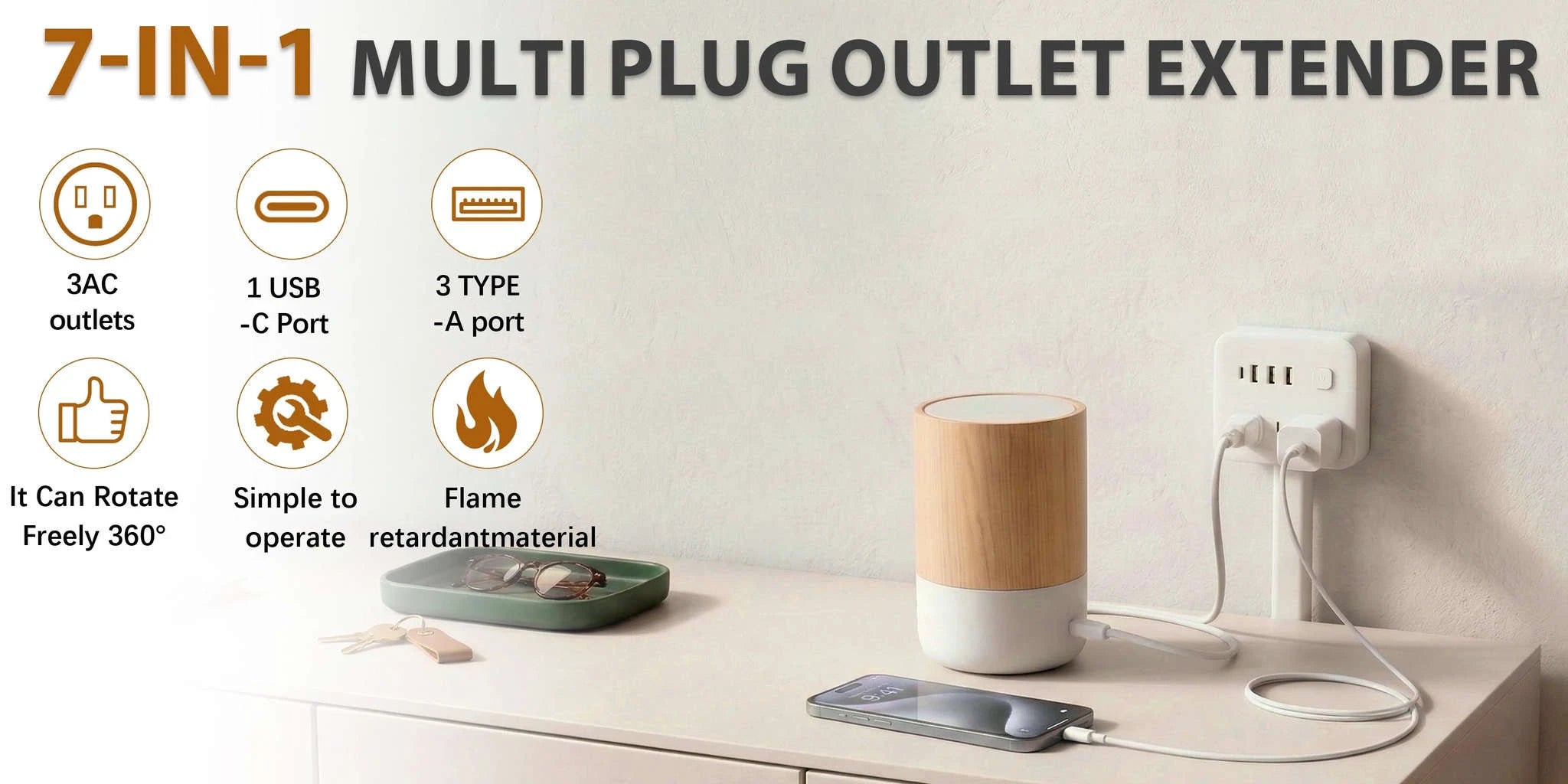 3 Style Retractable Sockets in Various Shapes US Plug Power Strip with AC Outlets USB Port(USB-A/C),Adjustable Electrical Outlet Extender Stick,Multi Socket Wall Socket Universal for Hard-to-Reach Wall Outlets Behind Couch,Be-WHITE / Round /