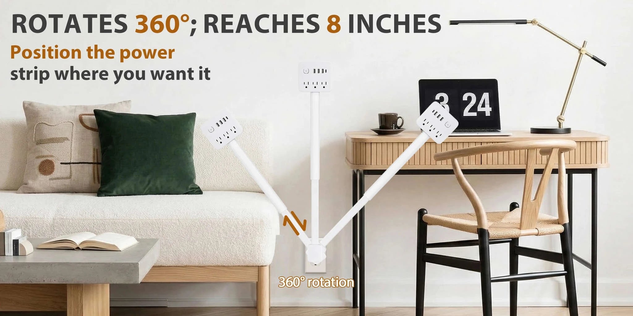 3 Style Retractable Sockets in Various Shapes US Plug Power Strip with AC Outlets USB Port(USB-A/C),Adjustable Electrical Outlet Extender Stick,Multi Socket Wall Socket Universal for Hard-to-Reach Wall Outlets Behind Couch,Be-WHITE / Round /