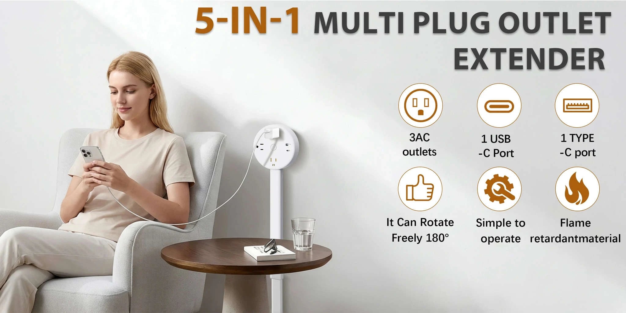 3 Style Retractable Sockets in Various Shapes US Plug Power Strip with AC Outlets USB Port(USB-A/C),Adjustable Electrical Outlet Extender Stick,Multi Socket Wall Socket Universal for Hard-to-Reach Wall Outlets Behind Couch,Be-WHITE / Round /