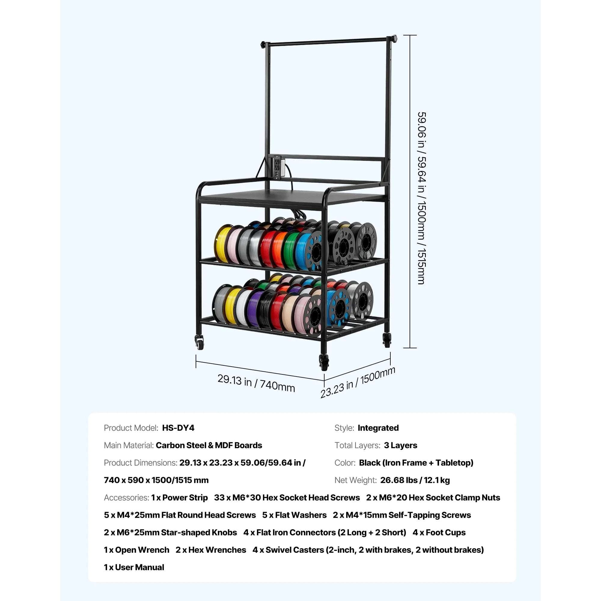 3-Tier 3D Printer Filament Storage Rack with Wheels & Power-3 Tier / United States