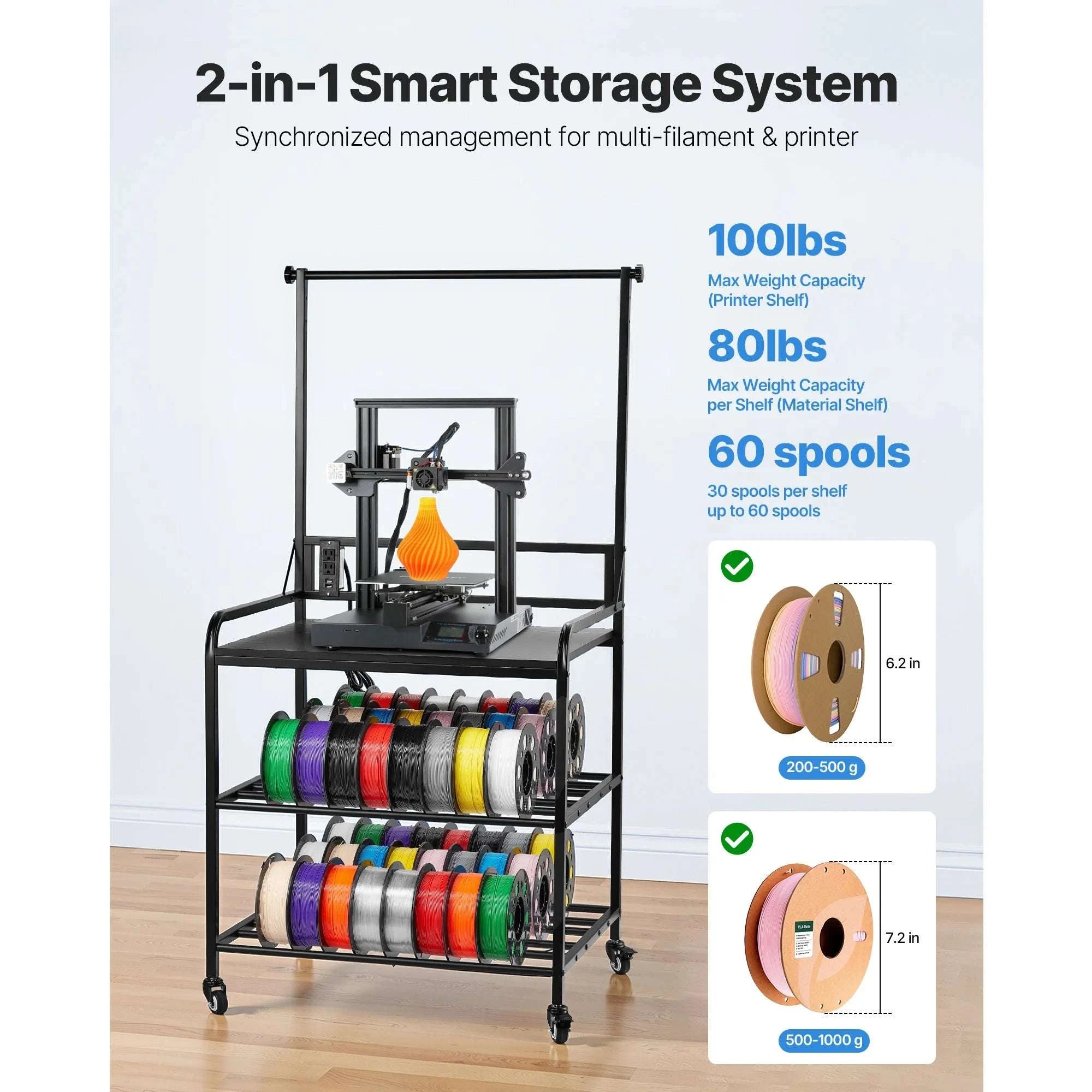 3-Tier 3D Printer Filament Storage Rack with Wheels & Power-3 Tier / United States