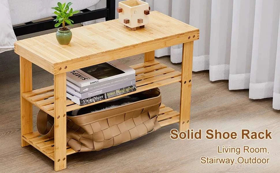 3-Tier Bamboo Shoe Rack Bench with Storage Holds 286 lb-black / United States