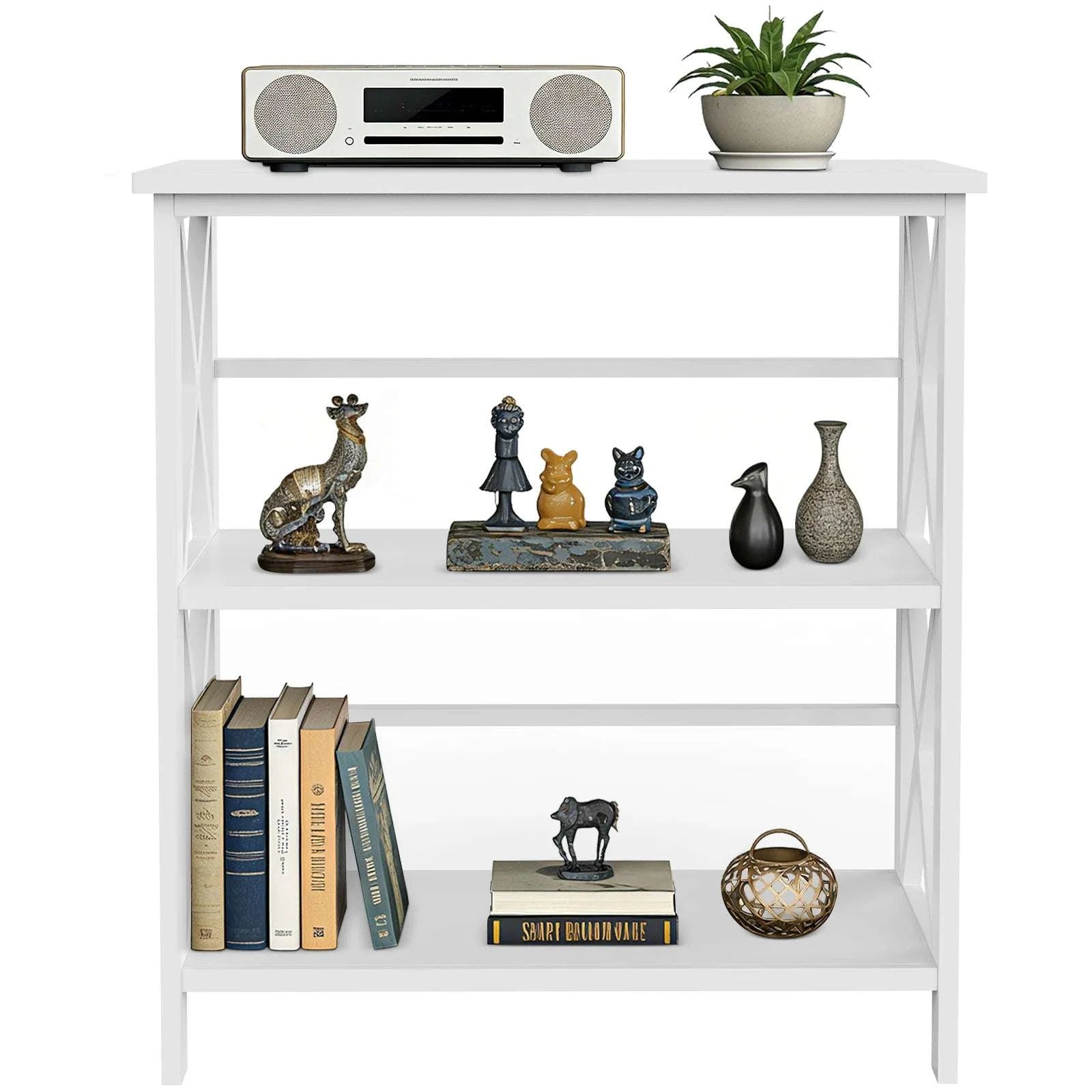 3 Tier Bookshelf Storage Rack with Heavy-Duty Shelves and X-Frame-black / United States