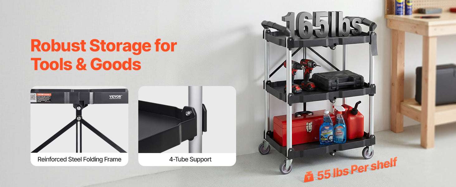 3-Tier Folding Rolling Utility Cart with Wheels, 165lb Capacity-3 layers 15.87lbs / United States