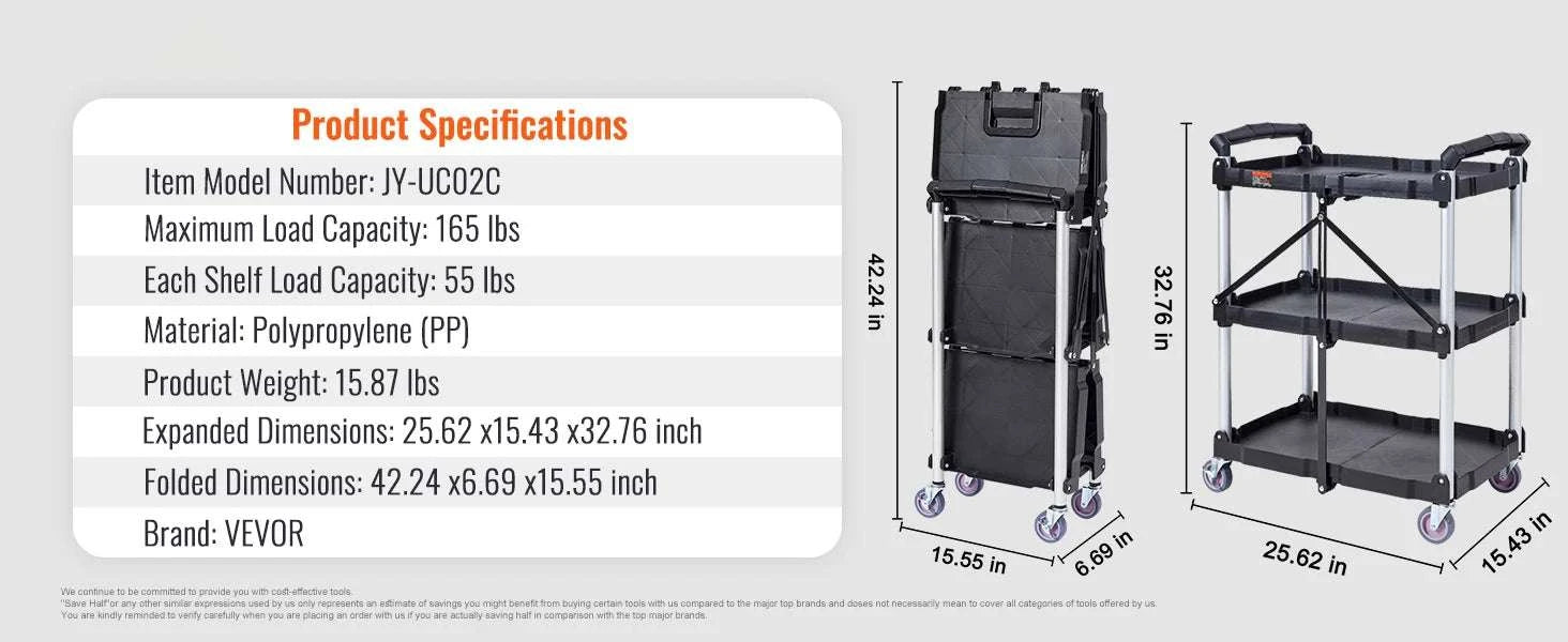 3-Tier Folding Rolling Utility Cart with Wheels, 165lb Capacity-3 layers 15.87lbs / United States