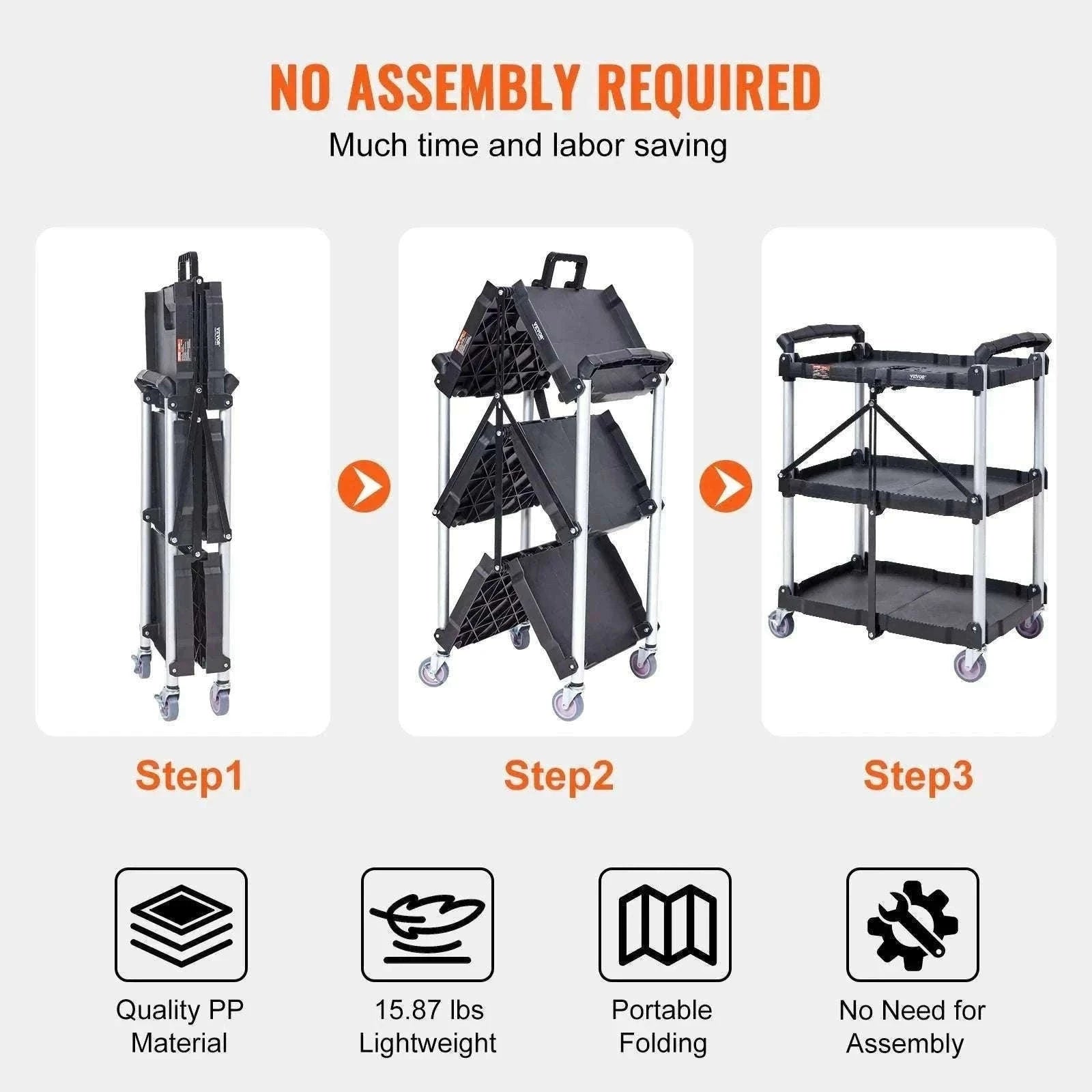3-Tier Folding Rolling Utility Cart with Wheels, 165lb Capacity-3 layers 15.87lbs / United States