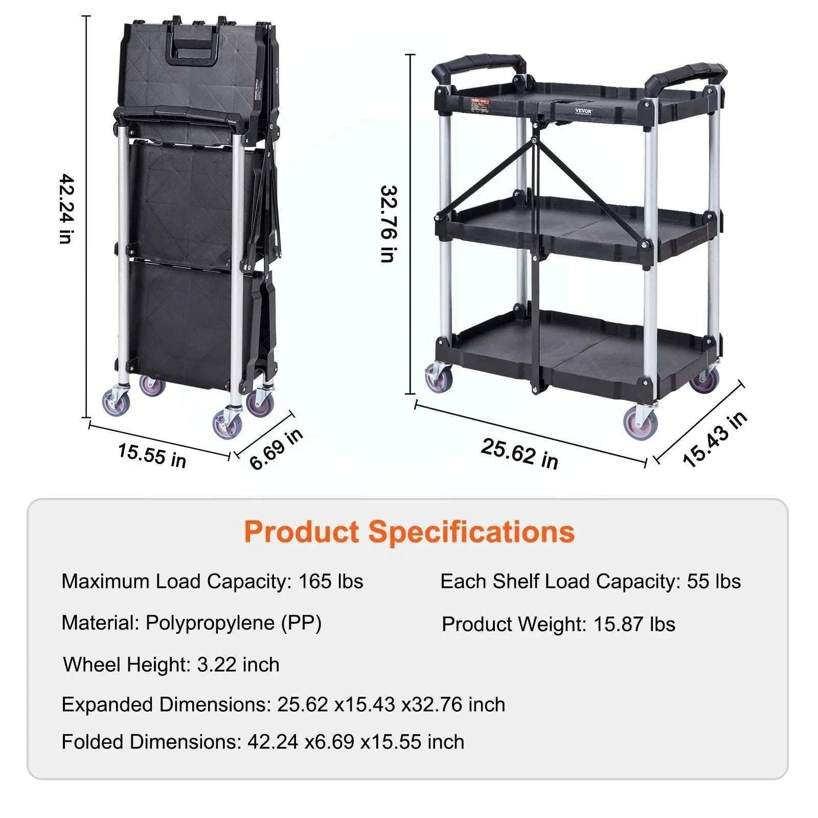 3-Tier Folding Rolling Utility Cart with Wheels, 165lb Capacity-3 layers 15.87lbs / United States