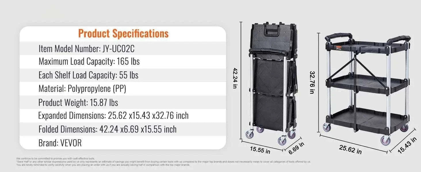 3-Tier Folding Rolling Utility Cart with Wheels, 165lb Capacity-3 layers 15.87lbs / United States