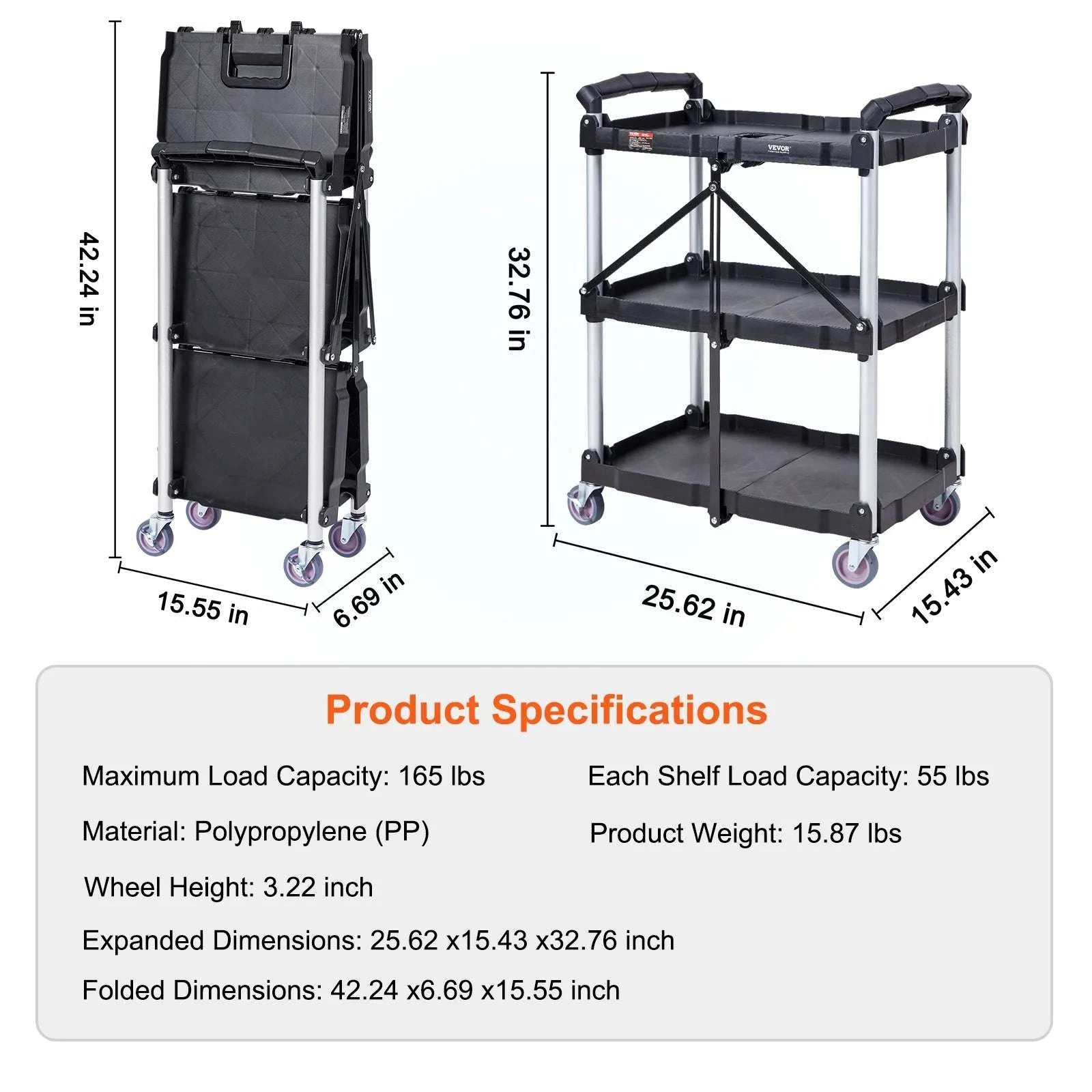 3-Tier Folding Rolling Utility Cart with Wheels, 165lb Capacity-3 layers 15.87lbs / United States