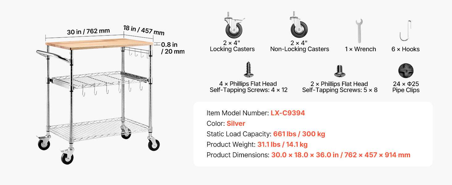 3-Tier Kitchen Utility Cart with Adjustable Shelves and Wheels-30x18x36 in / United States