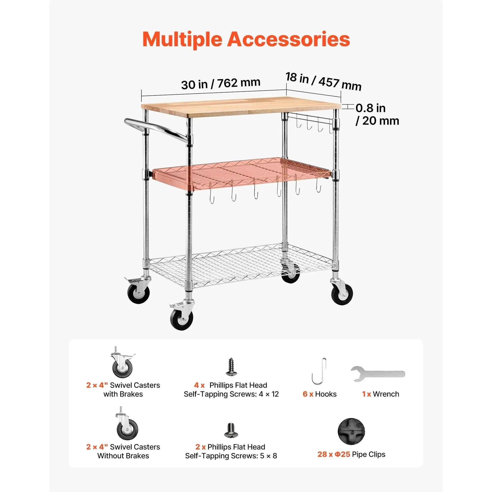 3-Tier Kitchen Utility Cart with Adjustable Shelves and Wheels-30x18x36 in / United States