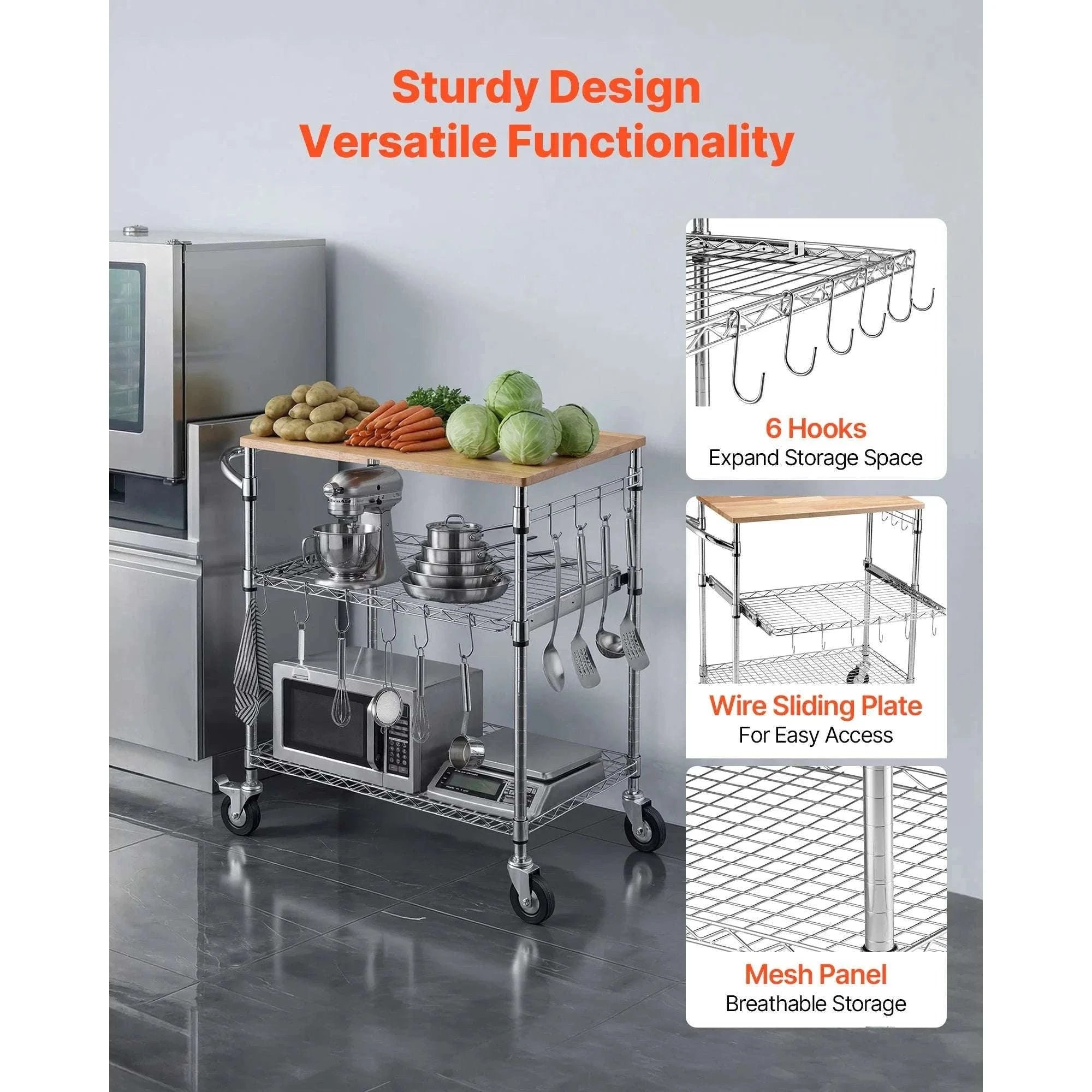 3-Tier Kitchen Utility Cart with Adjustable Shelves and Wheels-30x18x36 in / United States