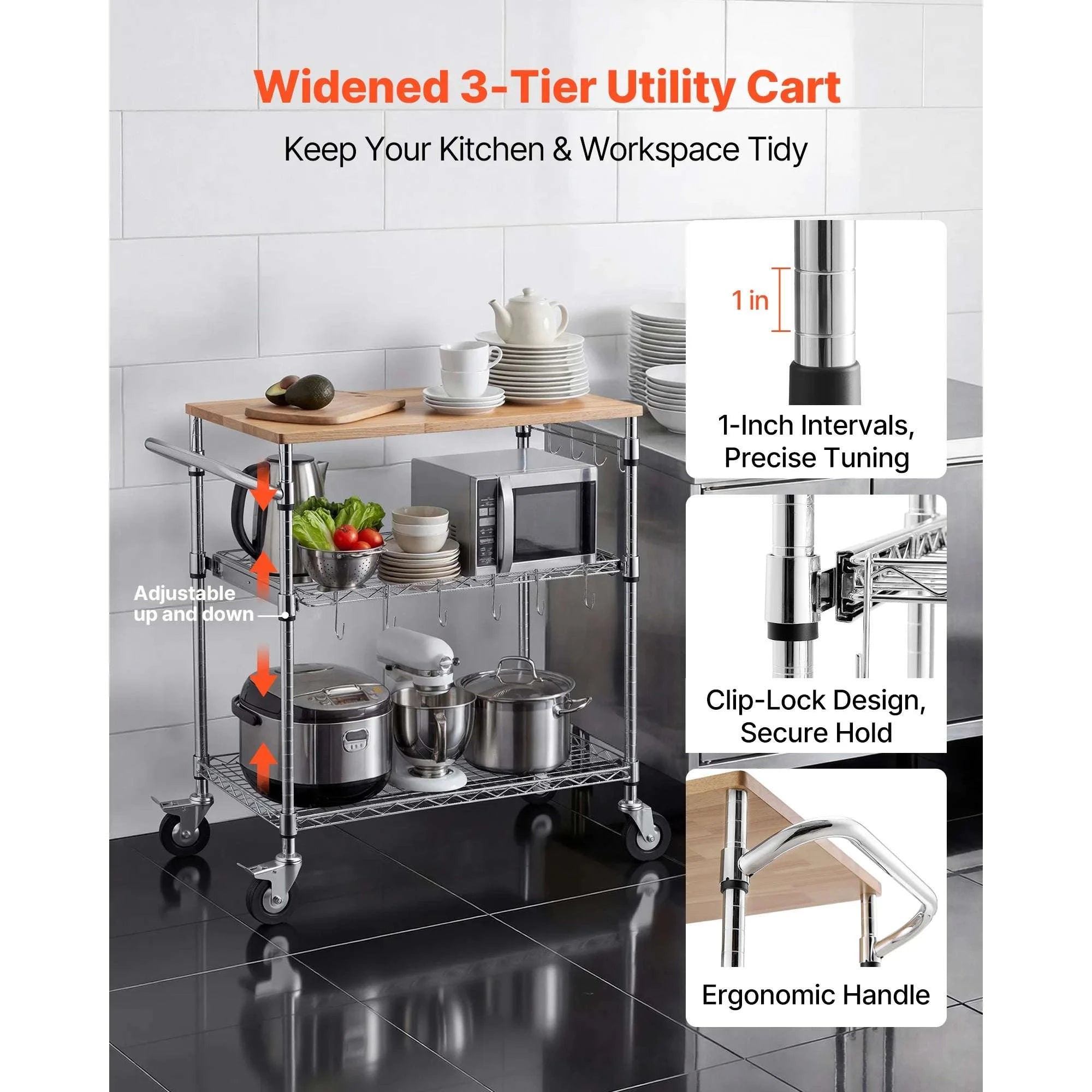 3-Tier Kitchen Utility Cart with Adjustable Shelves and Wheels-30x18x36 in / United States