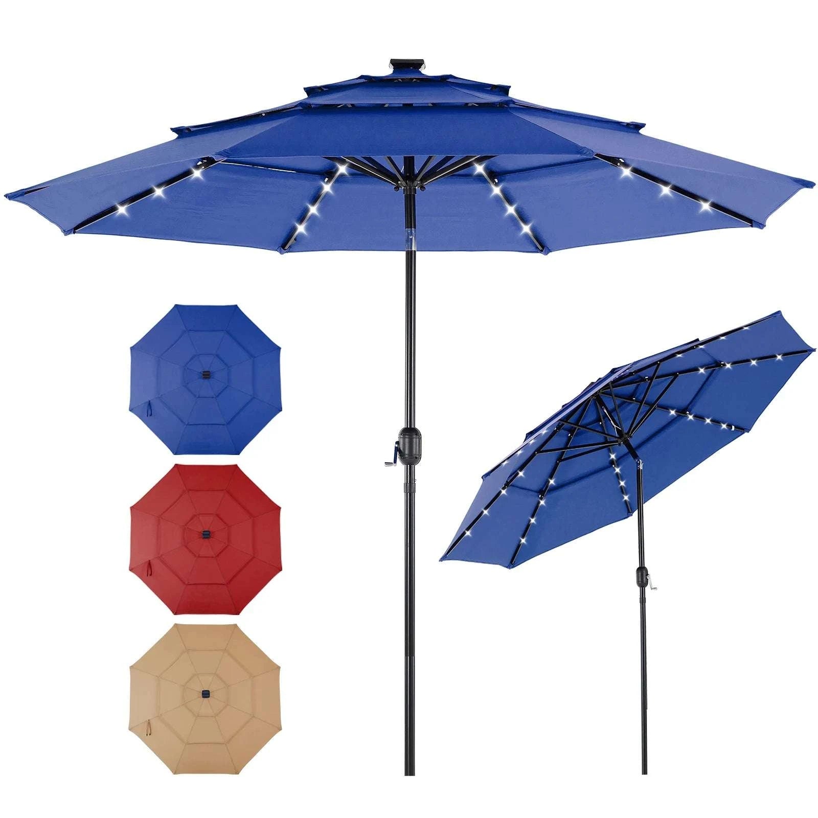 3-Tier Patio Umbrella with 32 LED Solar Lights & Tilt System-BLUE / United States