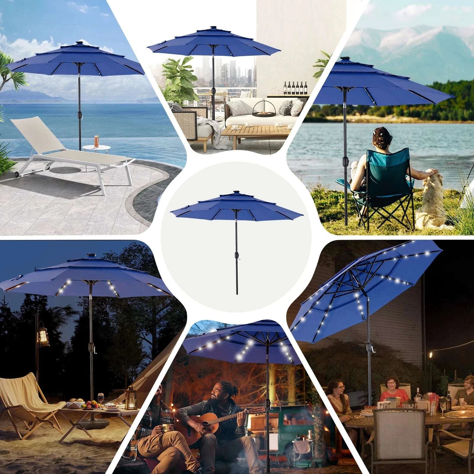 3-Tier Patio Umbrella with 32 LED Solar Lights & Tilt System-BLUE / United States