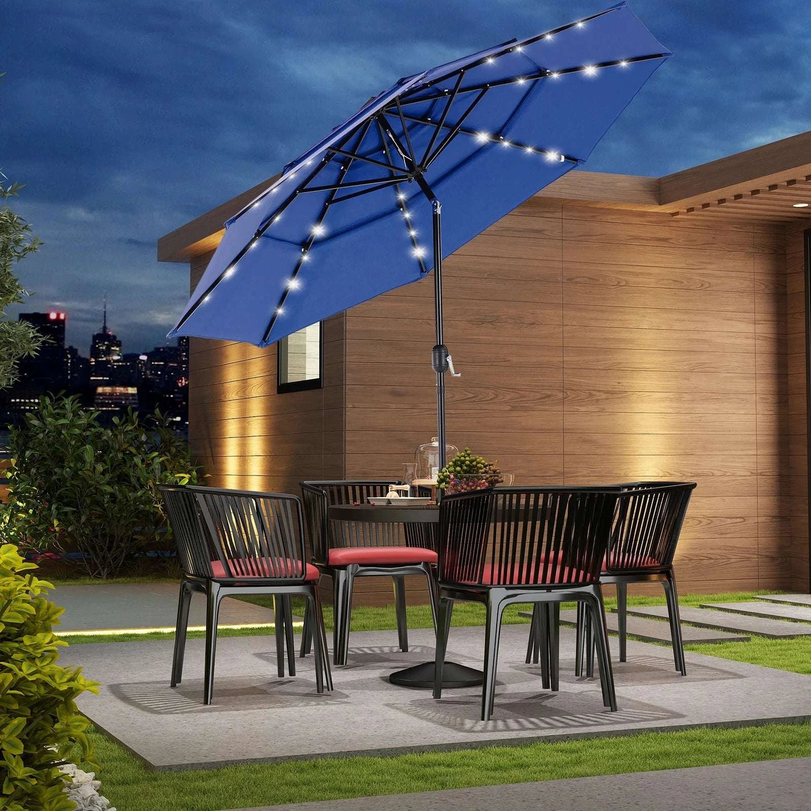 3-Tier Patio Umbrella with 32 LED Solar Lights & Tilt System-BLUE / United States