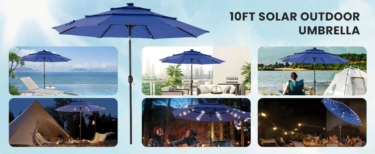 3-Tier Patio Umbrella with 32 LED Solar Lights & Tilt System-BLUE / United States