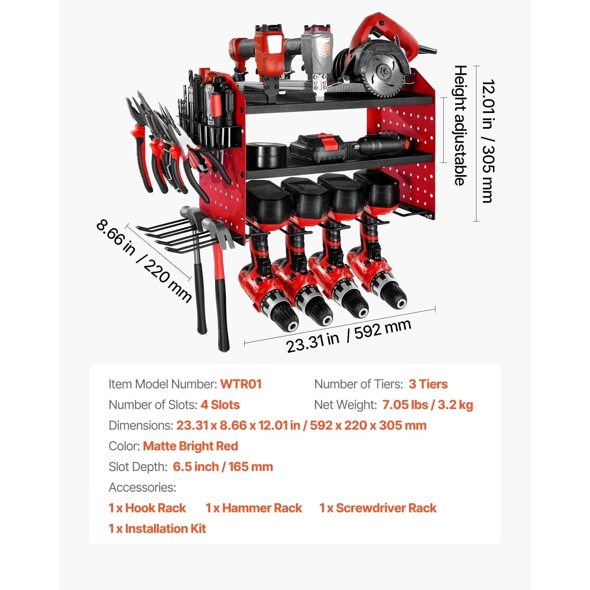 3-Tier Power Tool Organizer Wall Mount Rack with Drill Storage-3 Tiers / United States