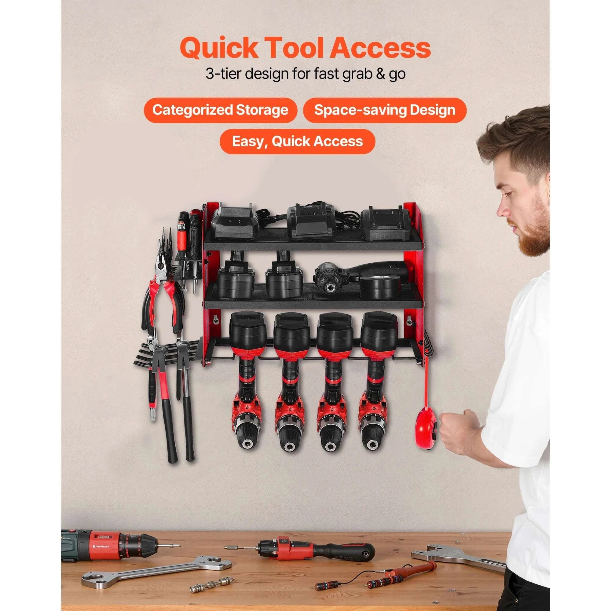 3-Tier Power Tool Organizer Wall Mount Rack with Drill Storage-3 Tiers / United States