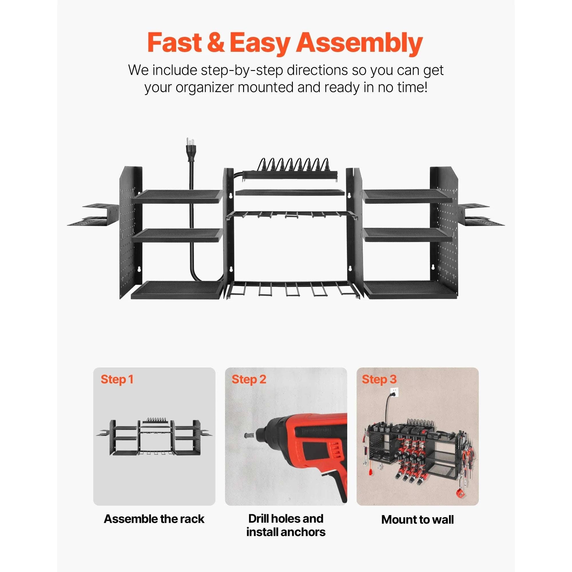 3-Tier Power Tool Organizer with 8-Outlet Charging Station Rack-3 Tiers / United States