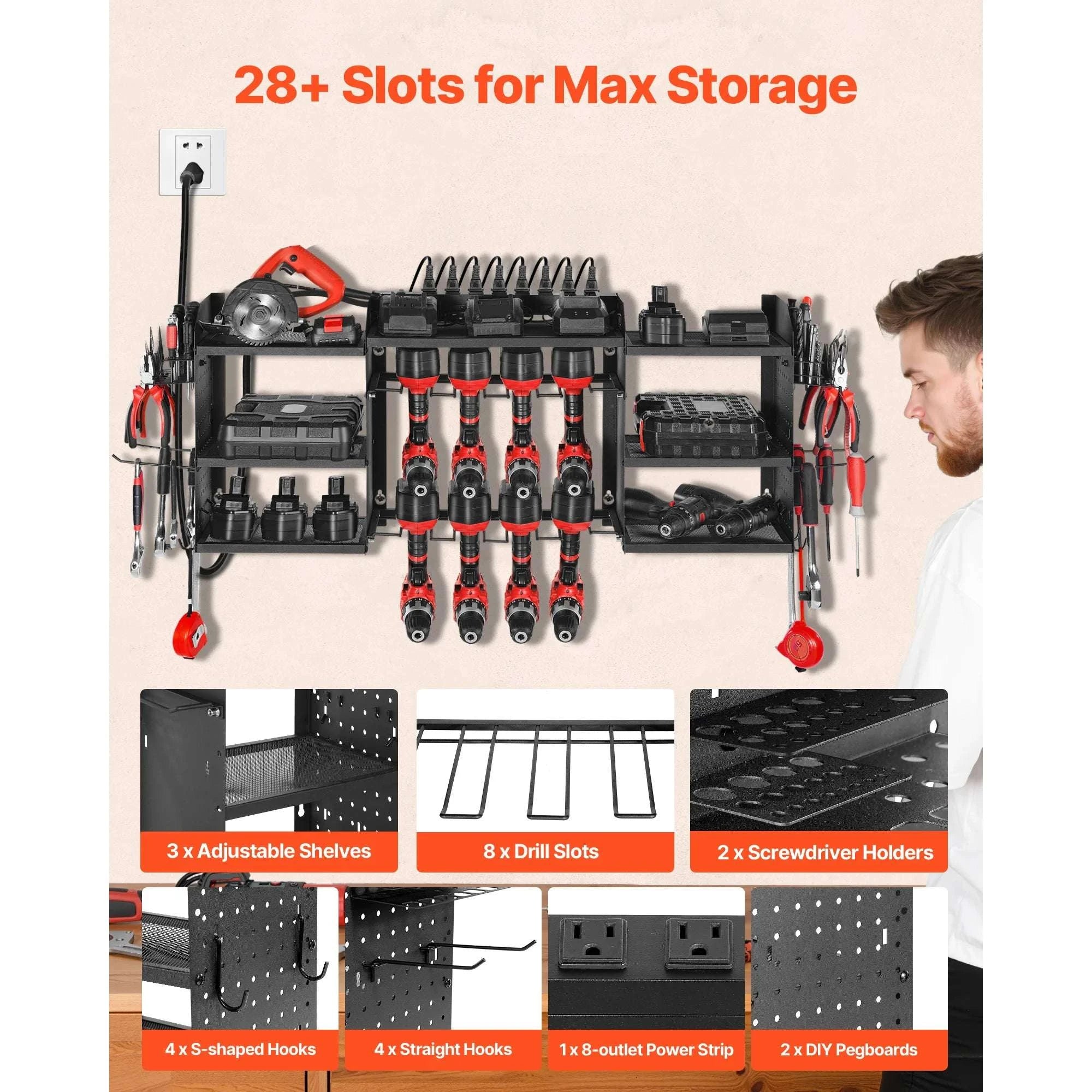 3-Tier Power Tool Organizer with 8-Outlet Charging Station Rack-3 Tiers / United States