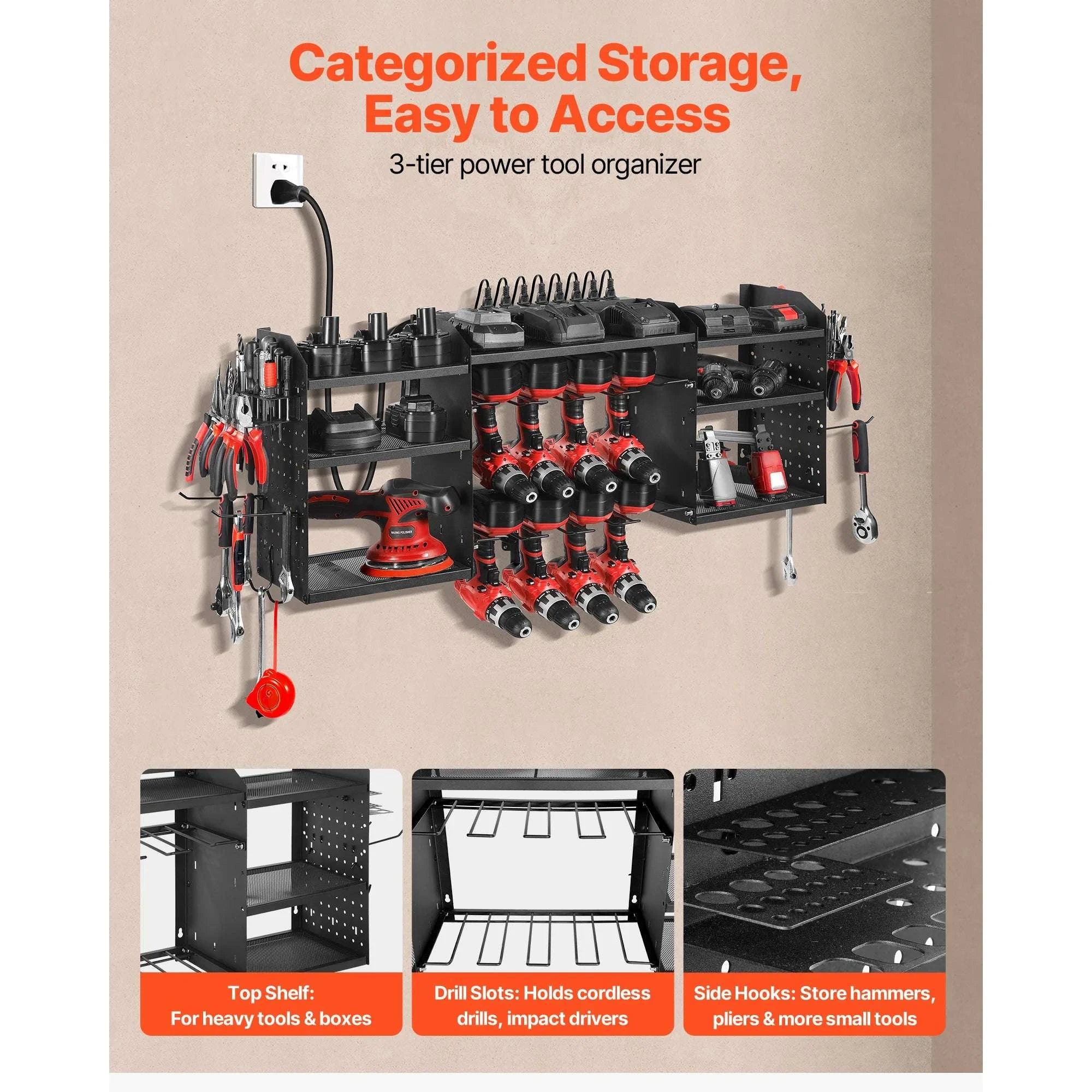 3-Tier Power Tool Organizer with 8-Outlet Charging Station Rack-3 Tiers / United States