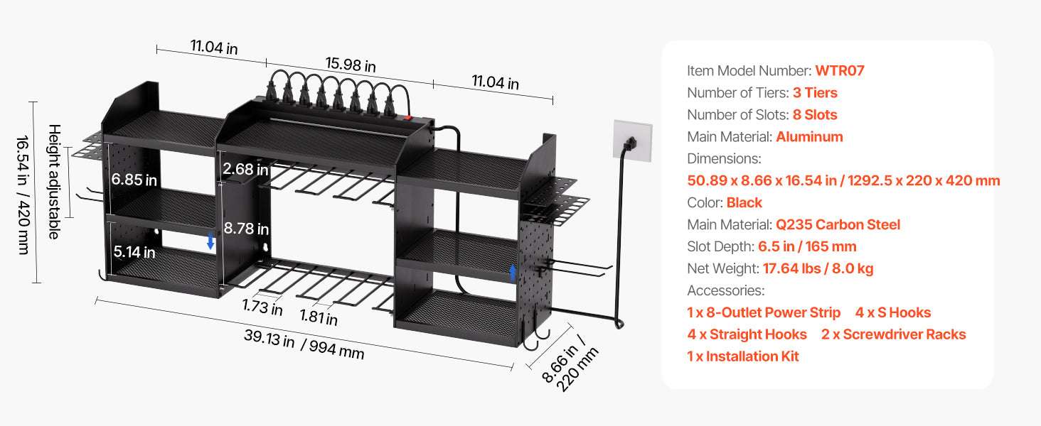 3-Tier Power Tool Organizer with 8-Outlet Charging Station Rack-3 Tiers / United States
