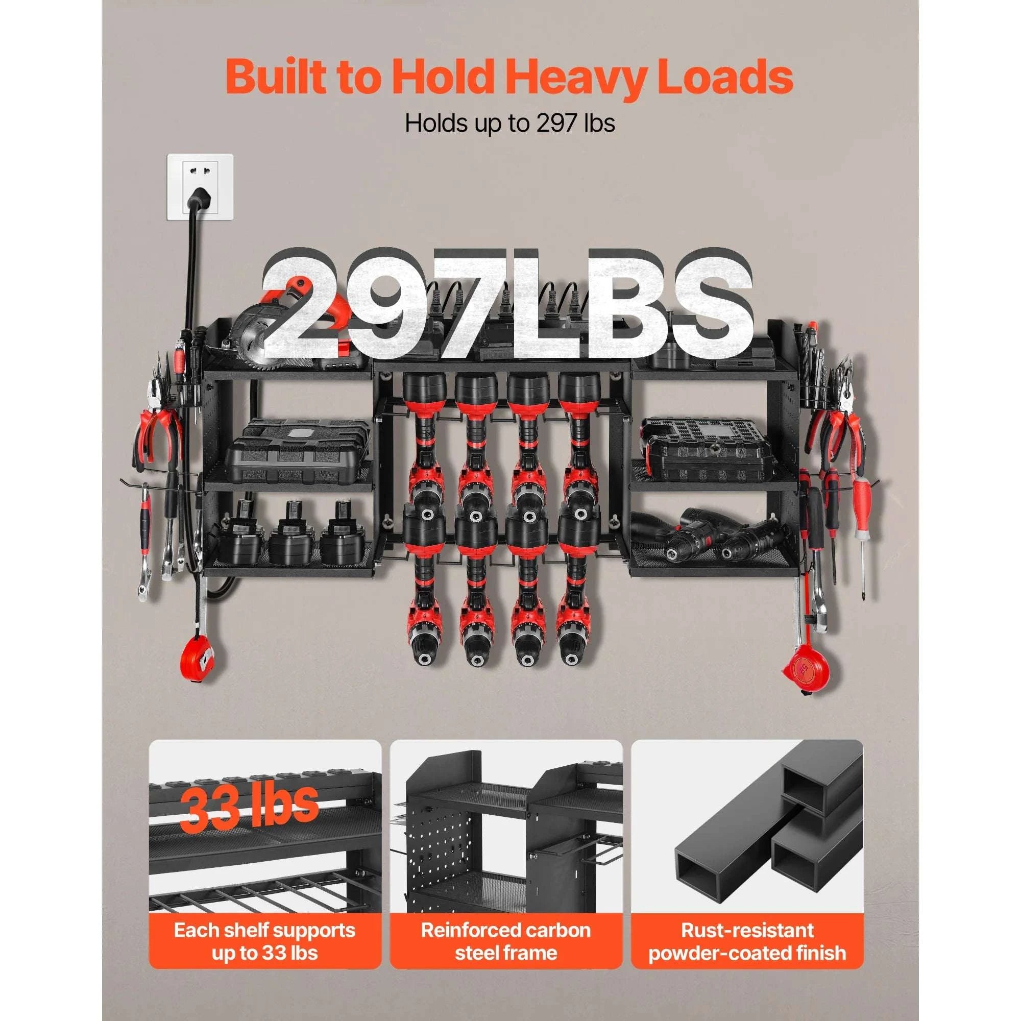 3-Tier Power Tool Organizer with 8-Outlet Charging Station Rack-3 Tiers / United States