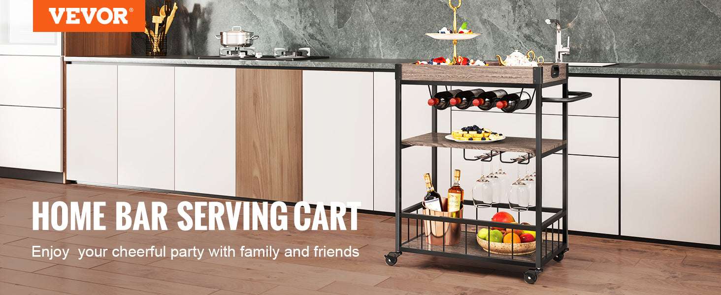 3-Tier Rolling Bar Cart with Wine Rack & Glass Holder-300lbs Load Capacity / United States