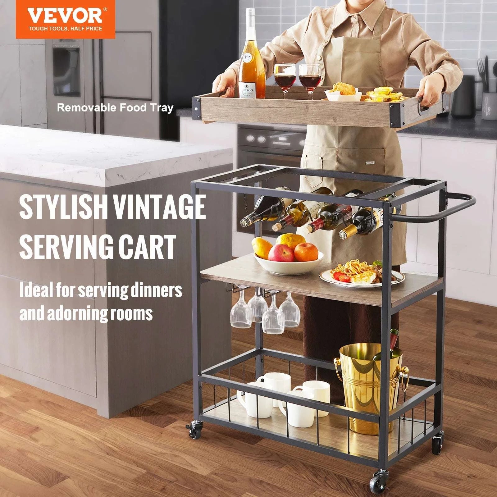 3-Tier Rolling Bar Cart with Wine Rack & Glass Holder-300lbs Load Capacity / United States
