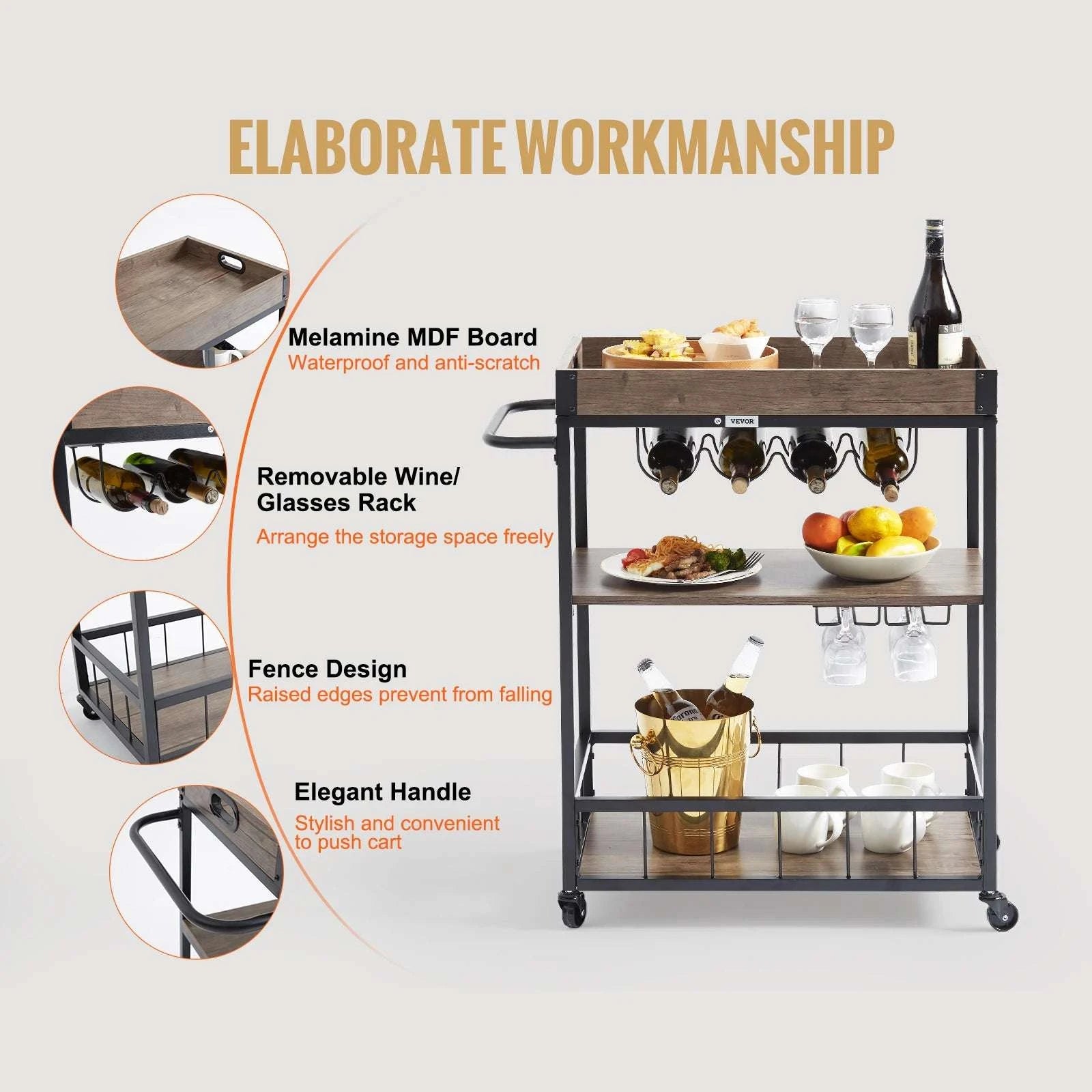 3-Tier Rolling Bar Cart with Wine Rack & Glass Holder-300lbs Load Capacity / United States