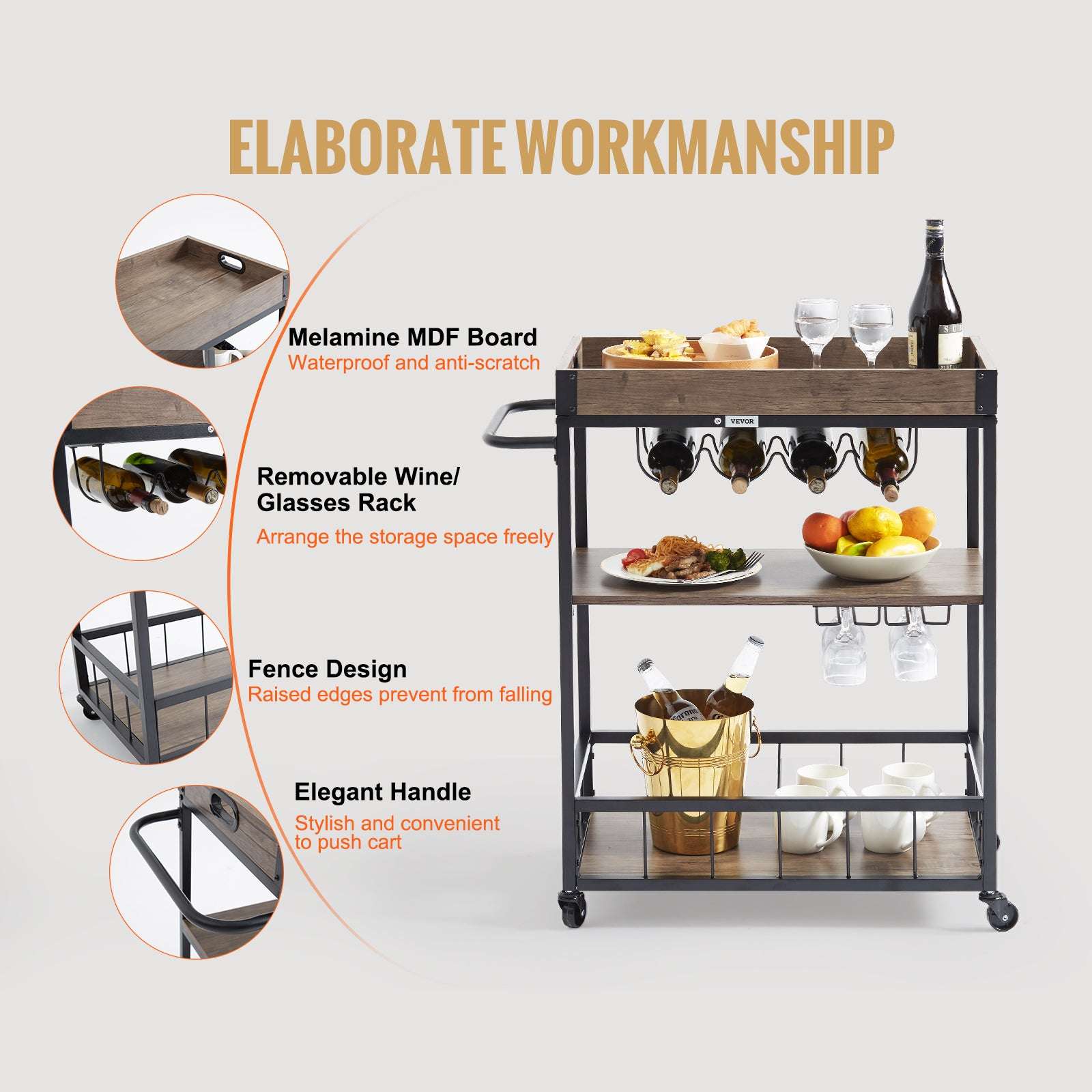 3-Tier Rolling Bar Cart with Wine Rack & Glass Holder-300lbs Load Capacity / United States