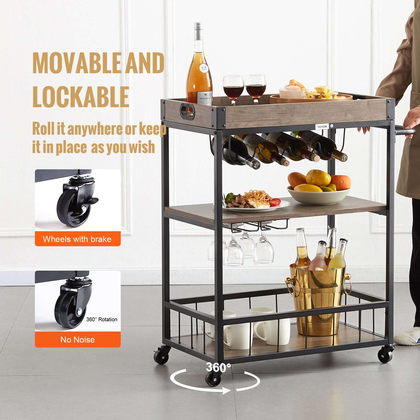3-Tier Rolling Bar Cart with Wine Rack & Glass Holder-300lbs Load Capacity / United States