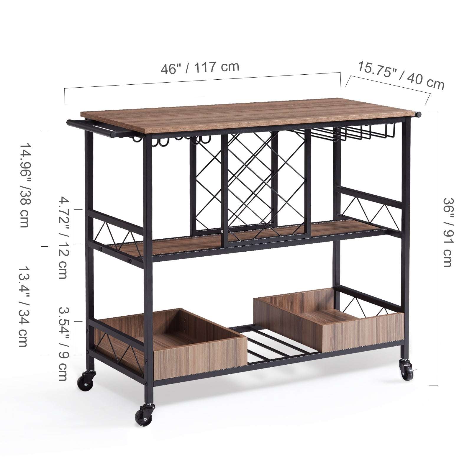 3-Tier Rolling Bar Cart with Wine Rack & Glass Holder-300lbs Load Capacity / United States