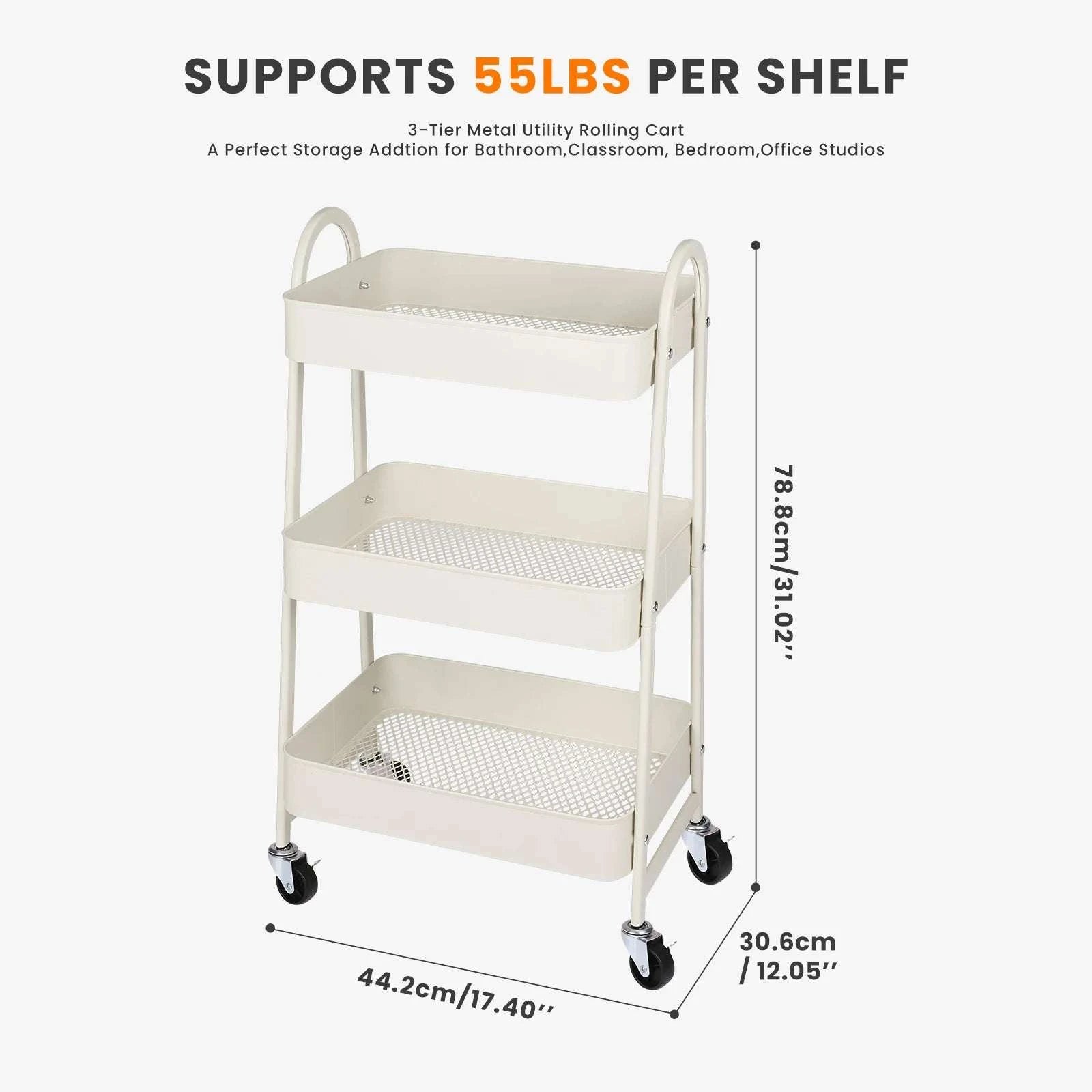 3-Tier Rolling Storage Cart with Lockable Wheels for Small Spaces-