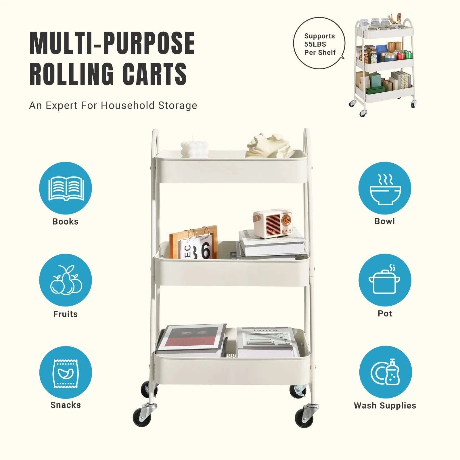 3-Tier Rolling Storage Cart with Lockable Wheels for Small Spaces-